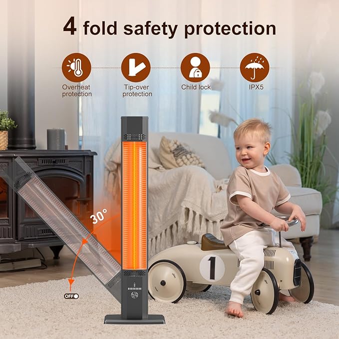 42 INCH Outdoor Patio Heaters, 9 Heat Levels & 9H Timer, Outdoor Heater w/Safety Lock, 1500W Infrared Heater, Remote Control, IP65 Waterproof, Tip-Over &Overheat Protection for Outdoor, Black