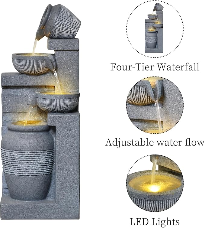 31.89" Outdoor Garden Water Fountain with Lights 4 Tiers Cascading Large Waterfall Floor Standing Fountain for Patio, Backyard, Deck, Porch and Home Art Decor