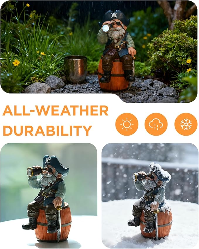 Solar Garden Gnome Statues Funny Resin Pirate Gnome Decorations Sitting on Wine Barrel Outdoor Figurines for Yard Patio Mom Gift