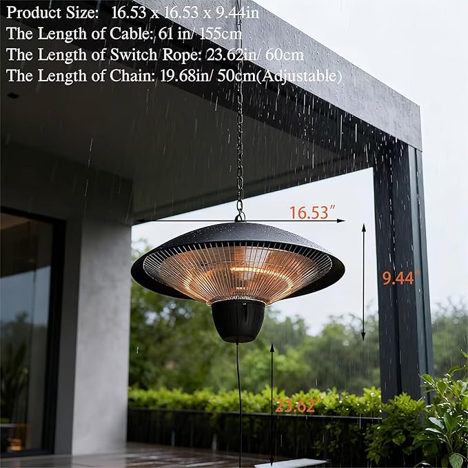 Hanging Infrared Electric Heater, 1500W Ceiling Mounted Heater Outdoor Indoor, IP34 Waterproof & Quiet Fanless, Tip-over/Overheat Protection for Patio, Garage, Gazebo, Home Use