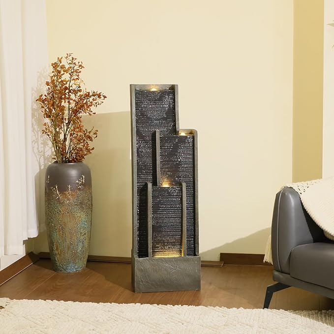 40.5" H Large Modern Indoor Water Fountains - Floor Standing Waterfall Fountain for Indoor or Outdoor with LED Light and Pump for Deck, Patio, Porch, Garden, Yard Decor, Outside Water Feature