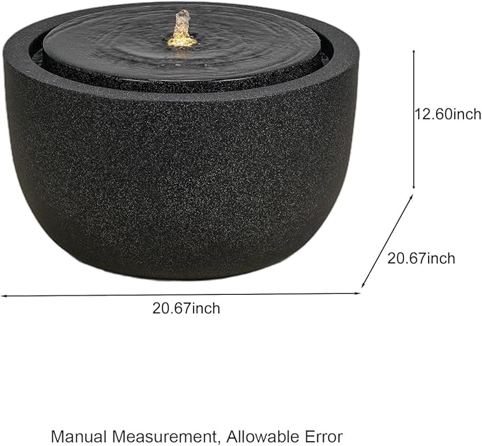 12.60” H Outdoor Water Fountain Made with Eco-Friendly Recyclable Materials, Polyethylene Round Bubbler Water Fountain Outdoor, Garden Decor with LED Light for Patio, Porch, Backyard (12.60")