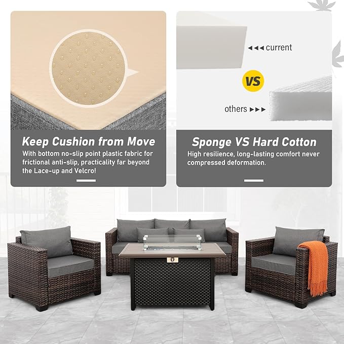 4 Pieces Outdoor Patio Furniture Set 43 In Outdoor Fire Pits Wicker Outdoor Furniture Chairs and Sofa 60000 BTU Outdoor Propane Fire Pit Table Non-Slip Cushions and Waterproof Covers, Dark Grey