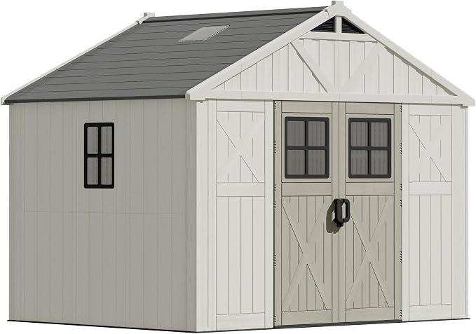 Devoko 10x8 FT Resin Outdoor Storage Shed with Floor, Plastic Tool Garden Shed with Windows & Lockable Door, Outside Large Storage Shed for Patio Backyard Lawn, Beige - Image 6
