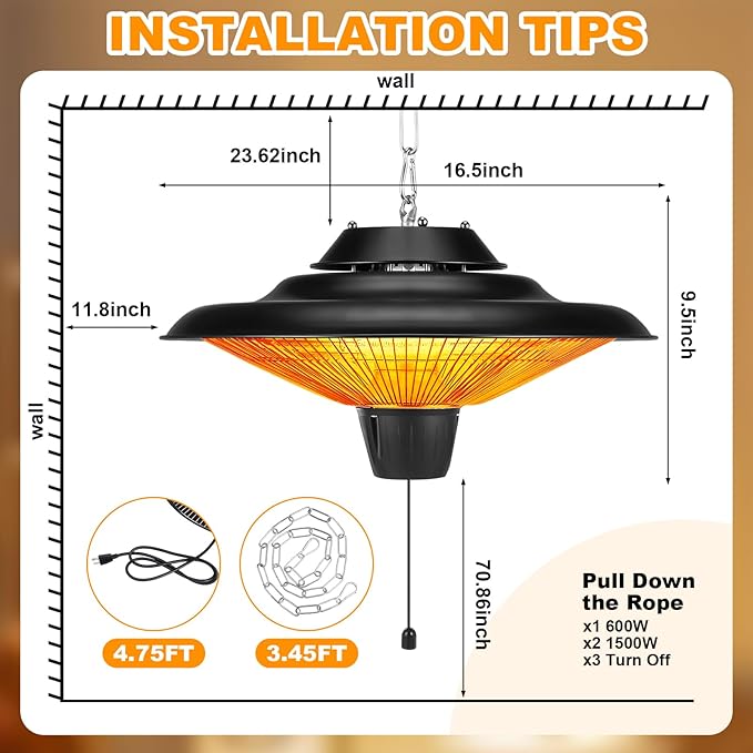Outdoor Hanging Patio Heater 1500W Electric Hanging Ceiling Mounted Infrared Heater with Storage bag 3s Fast Heating, Quiet, Adjustable Chain, for Home Garage Balcony Studio