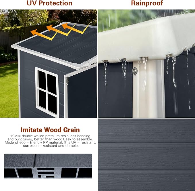 YOPTO 6x4 FT Storage Shed,Plastic Outdoor Storage Shed with Floor and Lockable Door,Waterproof Garden Shed W/Windows & Vents,Sloped Roof,Tool House for Storing Bicycles,Lawnmowers,Cold Grey - Image 4