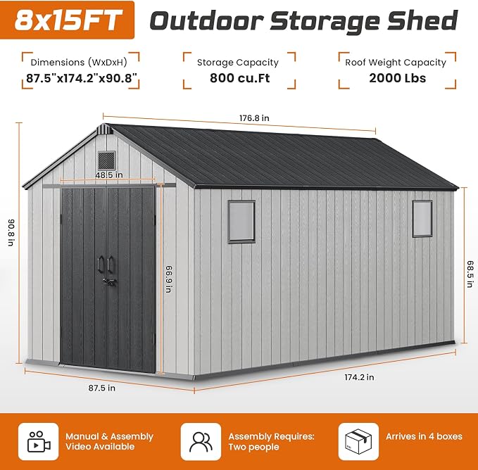 Jocoevol Outdoor Storage Shed, 8x15FT Resin Shed with Floor & Windows, Thickened Heavy Duty All-Weather Garden Tool Shed for Backyard, Patio, Lawn, Gray - Image 2