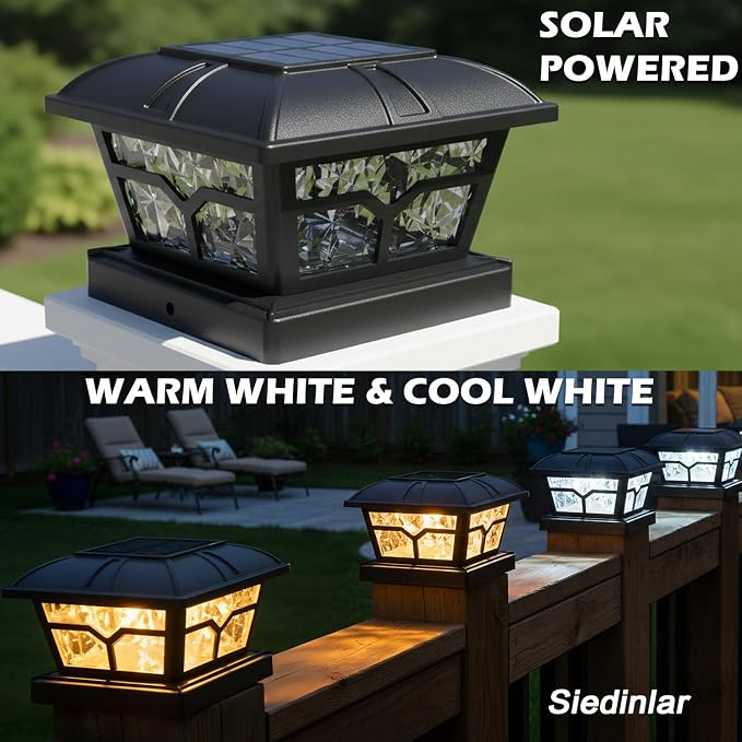 SIEDiNLAR Solar Post Cap Lights Outdoor 2 Color Modes 8 LEDs for 4x4 5x5 6x6 Wooden Vinyl Posts Fence Patio Deck Decoration Warm White & Cool White Lighting Black (10 Pack) - Image 4