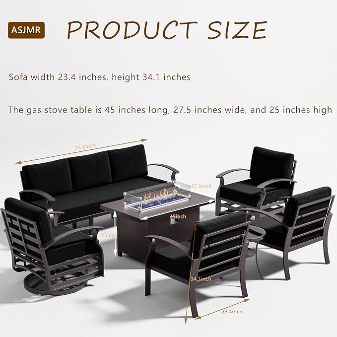 Patio Furniture Set 7-Piece Aluminum Armrest Sofa, Modern Outdoor Living Room Set with 55000 BTU Propane Aluminum Fireplace, Outdoor Rotary Joystick with Thick Cushion