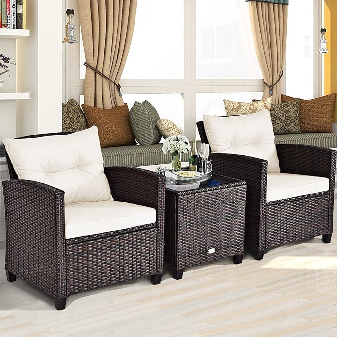 RELAX4LIFE 3 Piece Patio Furniture Set, Wicker Bistro Conversation Set w/ 2 Cushioned Armchairs & Glass Topped Table, Outdoor Rattan Sofa for Porch Balcony Poolside (White)