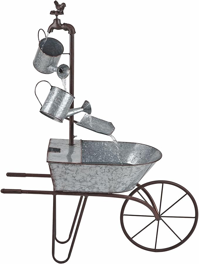 Alpine Corporation MCC574 Outdoor Floor Galvanized Shovel Pitcher Bucket Fountain, 41" Vintage Garden Water Feature, Patio & Backyard Décor, Gray