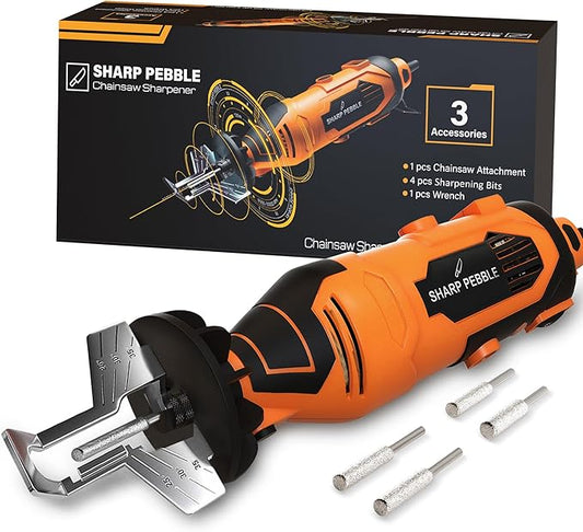 Sharp Pebble Electric Chainsaw Sharpener Kit - Comes with Chain Saw Sharpener Tool, 4 File Size Sharpening Wheel Bits, Angle Attachment, Wrench & eBook by SharpPebble