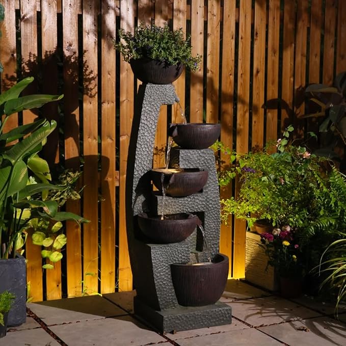 47.4" Large Outdoor Water Fountain with Planter Top & LED Lights, 5-Tier Cascading Garden Water Fountain, Modern Patio Waterfall Feature for Backyard, Patio & Lawn, Indoor & Outdoor Decor