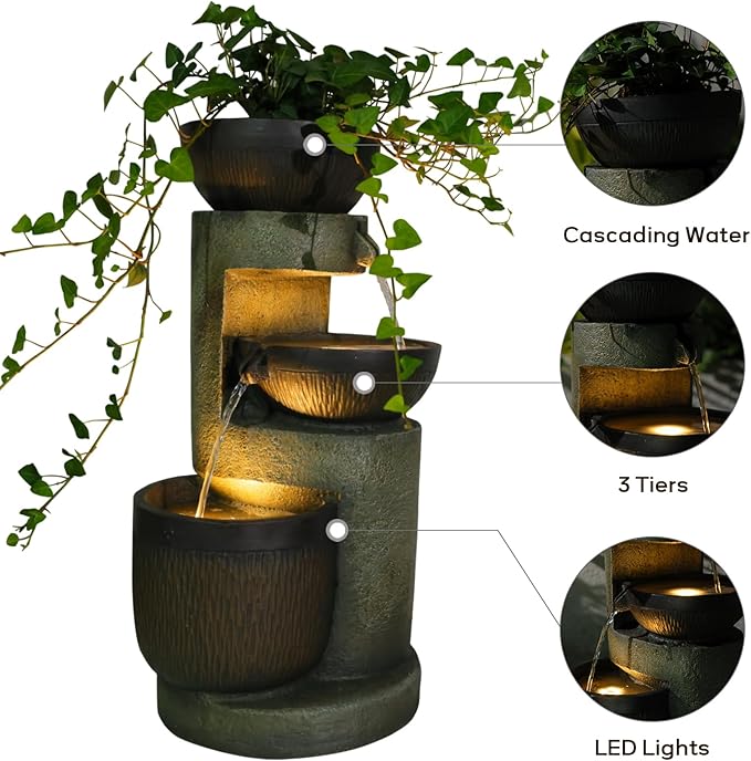 3-Tier Natural Bowl Cascading Garden Water Fountain with LED Lights - Water Fountain Outdoor Indoor Decor for Garden, Patio, Deck, Porch and Office Living Room Home Art Decor 10"x9"x20"