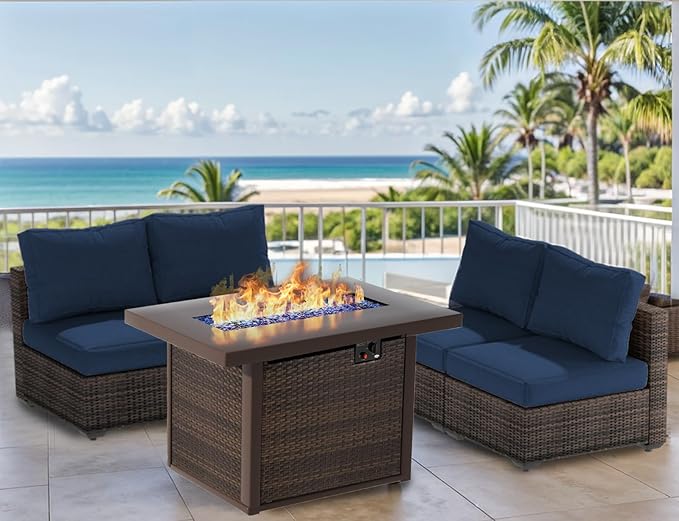 Grezone 5 Piece Patio Furniture Set with 44" Fire Pit Table, Outdoor Sectional Couch, PE Rattan Patio Conversation Sets with 4inch Cushions for Backyard Deep Blue (NY)