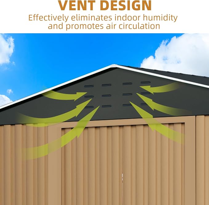 8X12FT Outdoor Metal Storage Shed, Lockable Weatherproof Garden Shed for Tools & Equipment, Durable Galvanized Steel with Sloping Roof & Ventilation, Ideal for Backyard, Patio & Garage Storage, Brown - Image 4