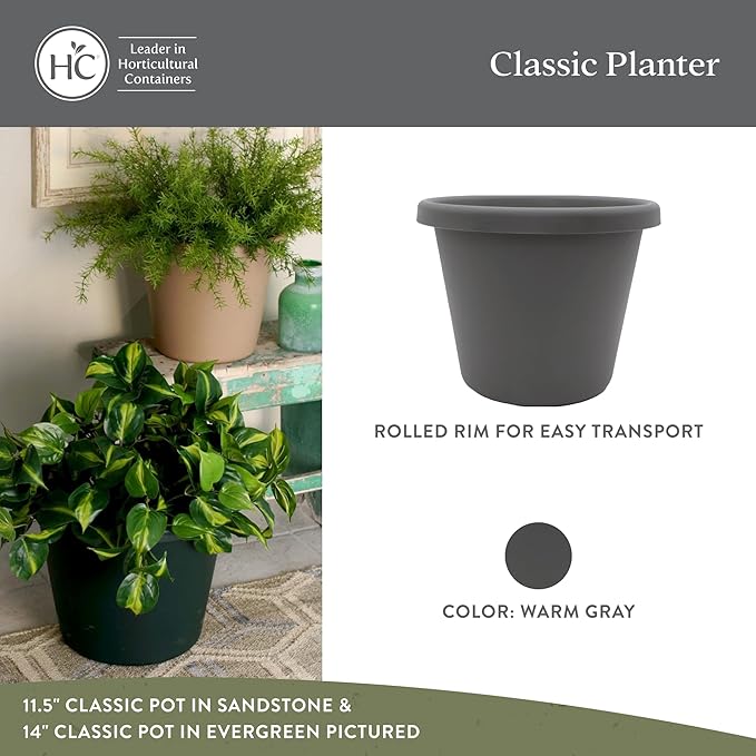 The HC Companies 14 Inch Classic Round Planter Pots with Drainage, Rolled Rim Plastic Planters for Indoor & Outdoor Plants, 2-Pack Decorative Flower Pots for Garden, Office & Home Decor, Warm Gray