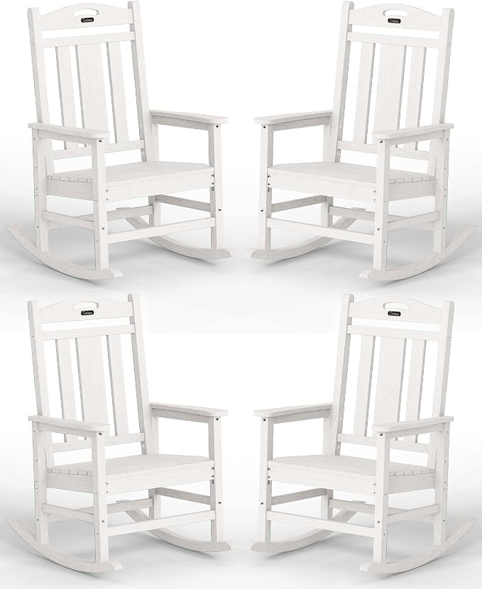 Ciokea Oversized Outdoor Rocking Chairs Set of 4, 380lbs Heavy-Duty Large Patio Rocker, High Back Cozy Porch Chairs, Weather Resistant Patio Rocking Chairs for Outside, Fire Pit, Deck, White by CIOKEA
