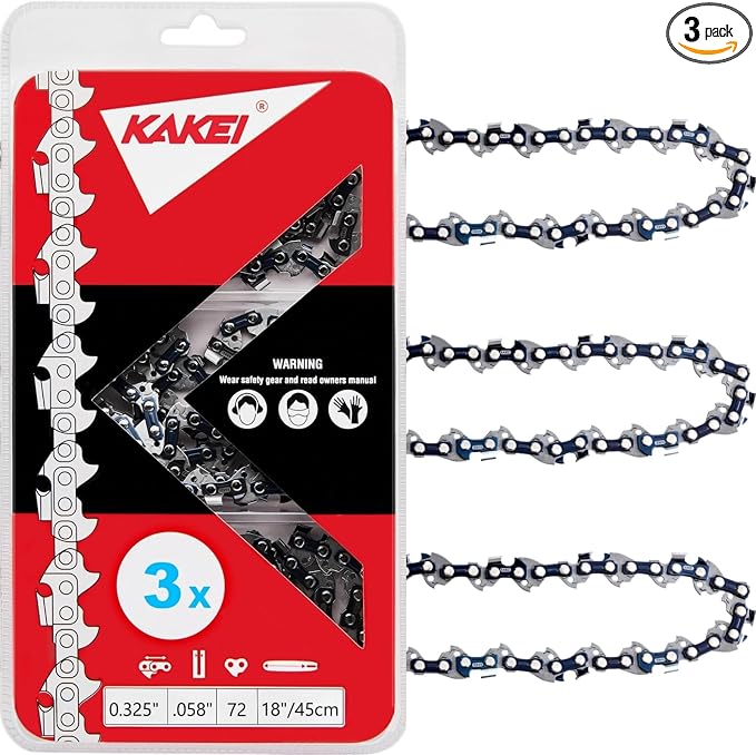 KAKEI 18 Inch Chainsaw Chain .325" Pitch .058" Gauge 72 Drive Links Fits Husqvarna 555, 562XP, 365, 565, 372XP, 572XP, 390XP, 395 XP (3 Chains) - Semi Chisel by KAKEI