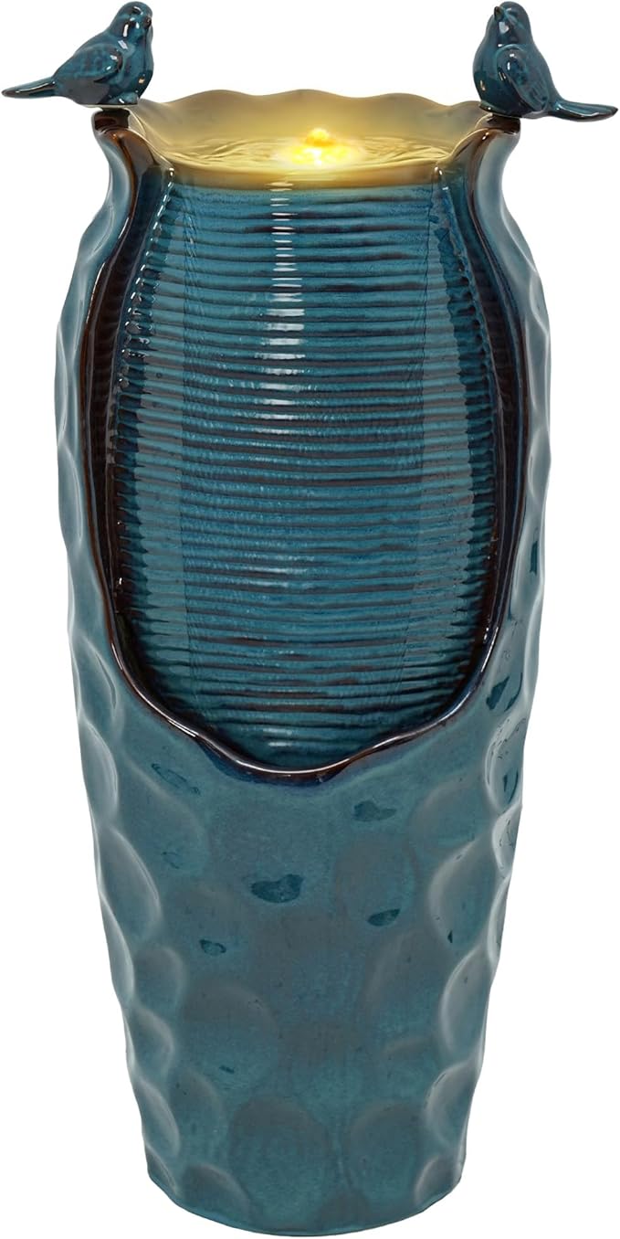 32.5" H Ceramic Jar Outdoor Fountain, Honeycomb Pot Water Feature with LED Lights, Soothing Trickling Waterfall for Garden, Patio, Yard, Balcony Oasis, KD Vivid Birds, Turquoise Glaze