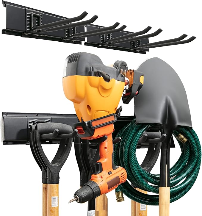 TIDYME Garage Tool Organizer Wall Mount - 32 inches - Sturdy Storage Rack with Adjustable Hooks, Anti-Rust - Easy Installation, 200lbs Capacity - Garden Tool Organizer (02 Racks & 04 Hooks) by Tidyme