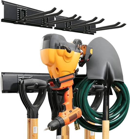 TIDYME Garage Tool Organizer Wall Mount - 32 inches - Sturdy Storage Rack with Adjustable Hooks, Anti-Rust - Easy Installation, 200lbs Capacity - Garden Tool Organizer (02 Racks & 04 Hooks) by Tidyme