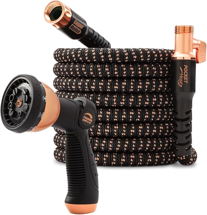 Pocket Hose 75 FT Copper Bullet Expandable Garden Hose w/10 Pattern Thumb Spray Nozzle AS SEEN ON TV 650psi 3/4 in Patented Lead-Free Ultra-Lightweight Solid Copper Anodized Aluminum by PocketHose