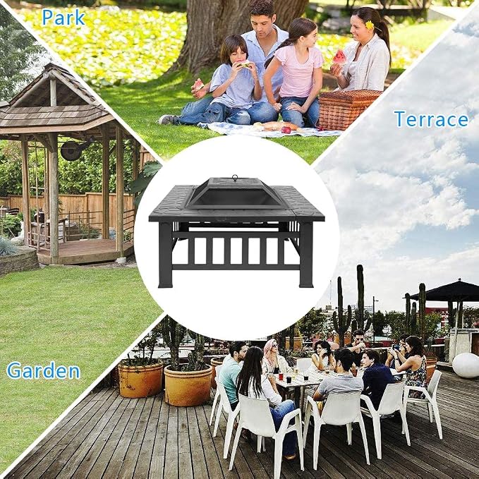 Bonnlo 32” Metal Porch Fire Pit Outdoor Square Poatable Wood Burning Table- Includes Mesh Spark Screen Top, Waterproof Cover and Poker for Camping Patio Backyard Bonfire Fireplace - Image 6