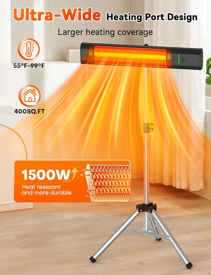 1500W Outdoor Heaters for Patio with 9 Heating Levels, IP65 Waterproof, 9H Timer, 25FT Remote Electric Patio Heaters for Outdoor Use, Tip-Over & Overheat Protection for Home, Office, Garage