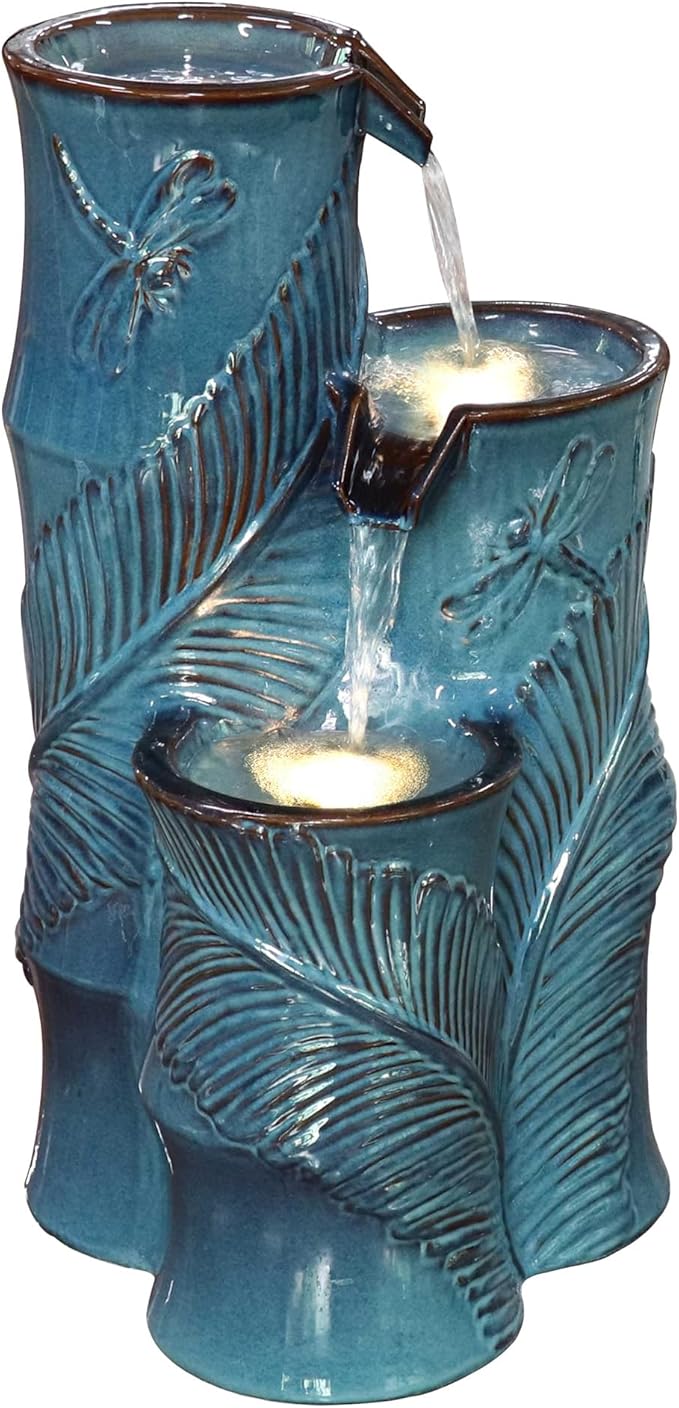 25.5" H Ceramic Outdoor Water Fountain with LED Lights, 3-Tier Bamboo-Style Water Feature with Leaf & Dragonfly Patterns, Soothing Tranquil Waterfall for Garden, Patio & Yard, Teal Blue