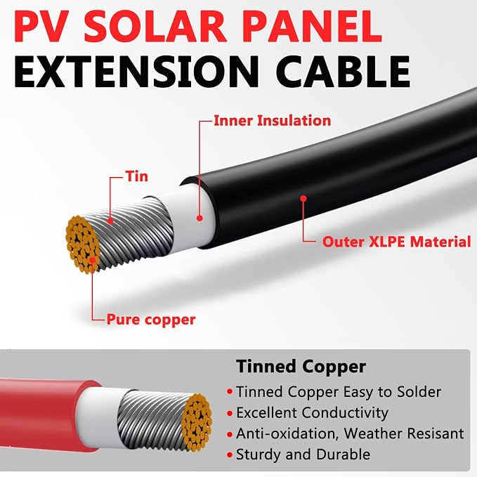 Vansdon 2x10 Feet Solar Panel Extension Cable, 10AWG Solar Cable, Solar Panel Cable with Female and Male Waterproof Connectors for RV, Photovoltaic Systems (10FT Red + 10FT Black) - Image 2
