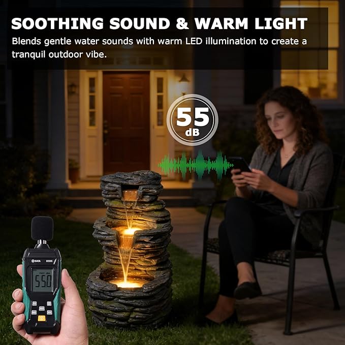 28.8” Tall Rock Water Fountain Outdoor Garden, 3-Tiers Cascading Rock Natural Waterfall Fountains with LED Lights, Indoor Resin Water Feature Fountain for Patio, Backyard, Deck, Porch