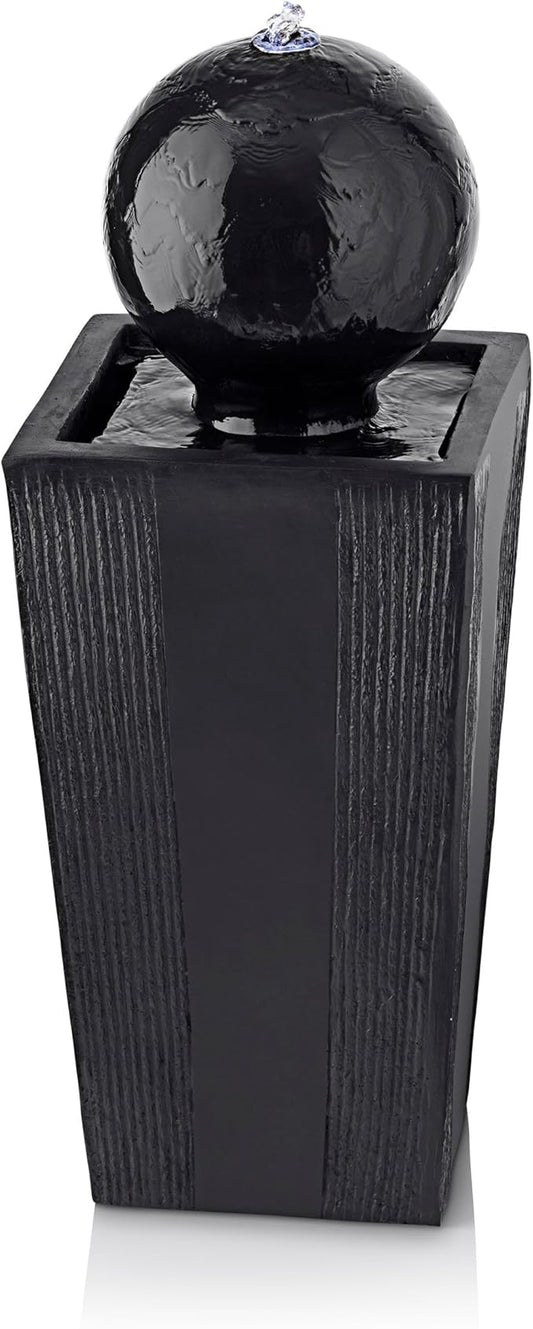 Alpine Corporation GIL786 Outdoor Floor Modern Sphere and Pedestal Soothing Waterfall Fountain for Garden 33", Black