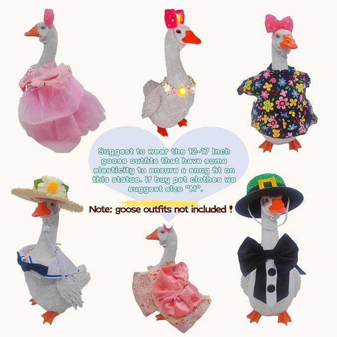 Solar Porch Goose Statue with Glowing Goose Outfits, 12 inch Resin White Goose Customizable Outdoor Garden Decor, Funny Duck Sculptures for Garden Stairs, Farm, Yard, Patio, Lawn, Easter Mom Gifts