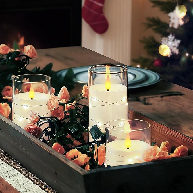 Homemory Flameless Candles with Embedded Star String Fairy Lights, Battery Operated Candles, LED Candle, Fake Candles with Remote Control and Timer, White, Set of 3(H 4" 5" 6?€?)