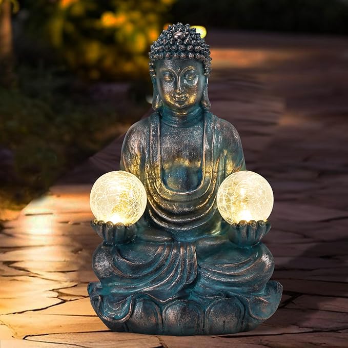 Afirst Meditating Buddha Garden Statues Solar Buddha Sculpture Decor with Glass Balls Zen Meditation for Home Garden Yard Patio Indoor Outdoor Ornaments Gifts for Mom, 10.5''