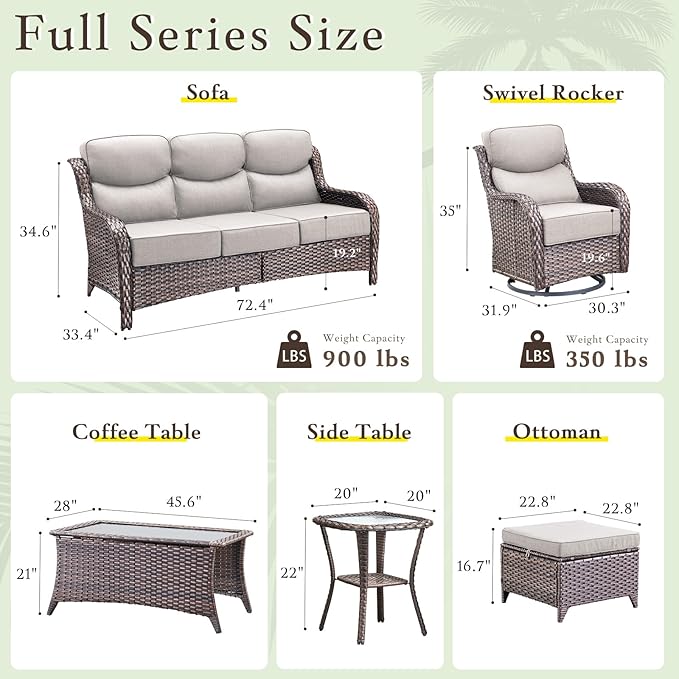 Luxury High Back Outdoor Furniture Set with 6-inch Thick Cushions, Patio Furniture Set with Swivel Chairs, 10 PCS Wicker Conversation Set for Yard, Deck, Poolside, Brown/Beige