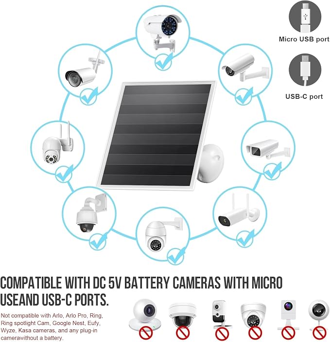 6W Solar Panel Charger, Solar Panel with Micro USB & USB-C Port for DC 5V Outdoor Rechargeable Battery Camera, IP66 Waterproof, 360° Adjustable Security Mount, 2PC - Image 2
