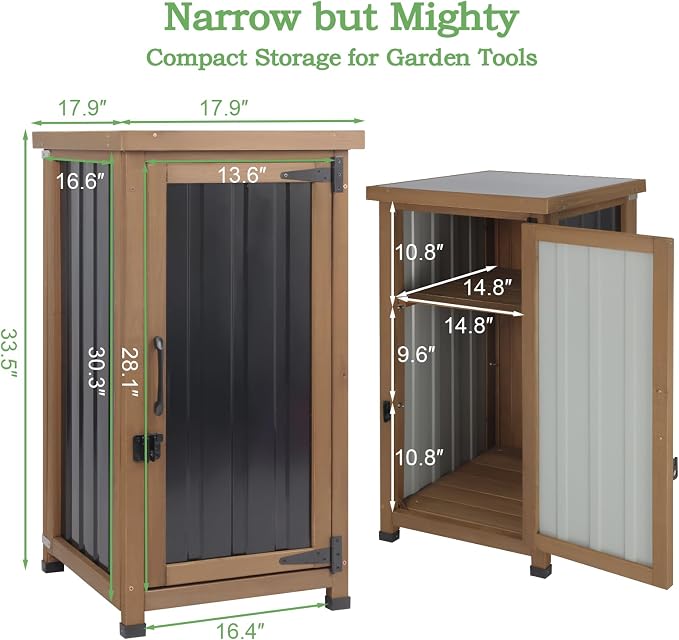 Outdoor Storage Cabinet Waterproof with Metal Top, Wooden Potting Bench Table Tool Organizer with Adjustable Shelf for Patio Backyard Garden - Image 6