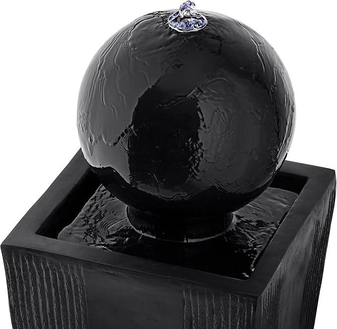 Alpine Corporation GIL786 Outdoor Floor Modern Sphere and Pedestal Soothing Waterfall Fountain for Garden 33", Black