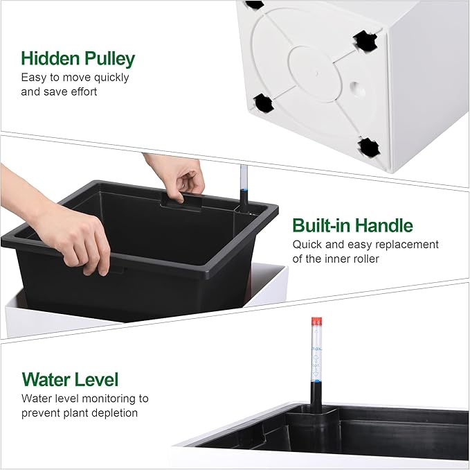 PeakPursuit 30" Tall Planters Set of 2, Outdoor＆Indoor Black Planter Pots, High Front Porch Planter Pots with Drainage Holes＆Water Level Monitor＆Inner Bucket, Automatic Watering, White