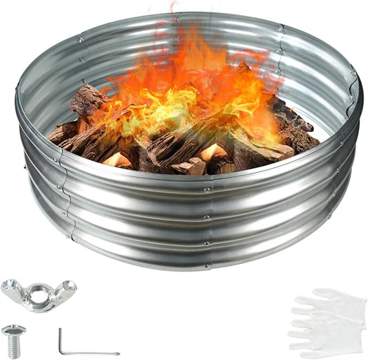 YSEJOMP 36 Inch Round Galvanized Fire Pit Ring/Fire Ring - Foldable and Perfect for Outdoor Gatherings and Campfires in the Yard/Garden/Park/Beach (3 FT Diameter, Silver) by YSEJOMP
