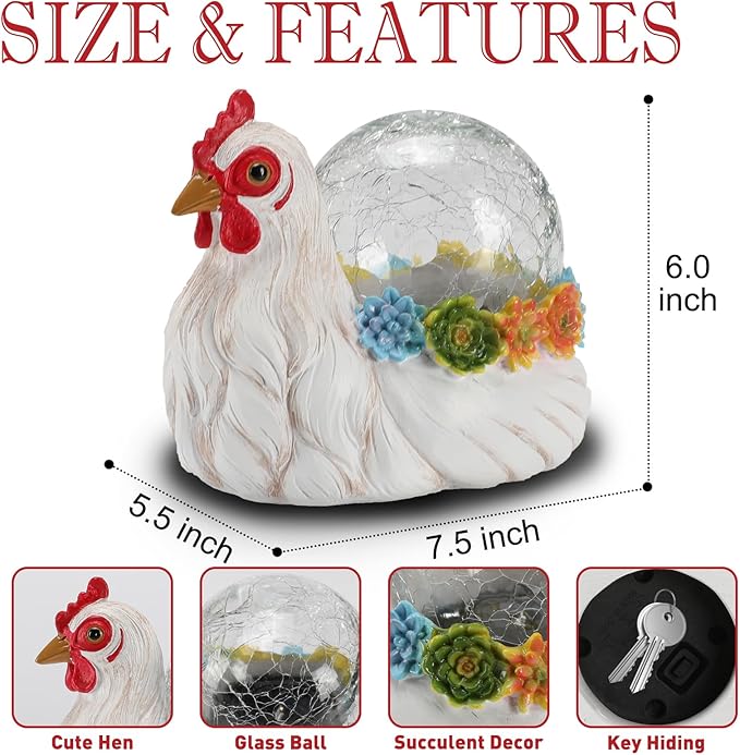 Solar Hen Garden Statue Lights for Outdoor Decor with Cracked Glass LED Ball Figurine Lighting Resin Succulent White Chicken Decorations for Patio Lawn Yard Valentine Gifts for Mom Wowen