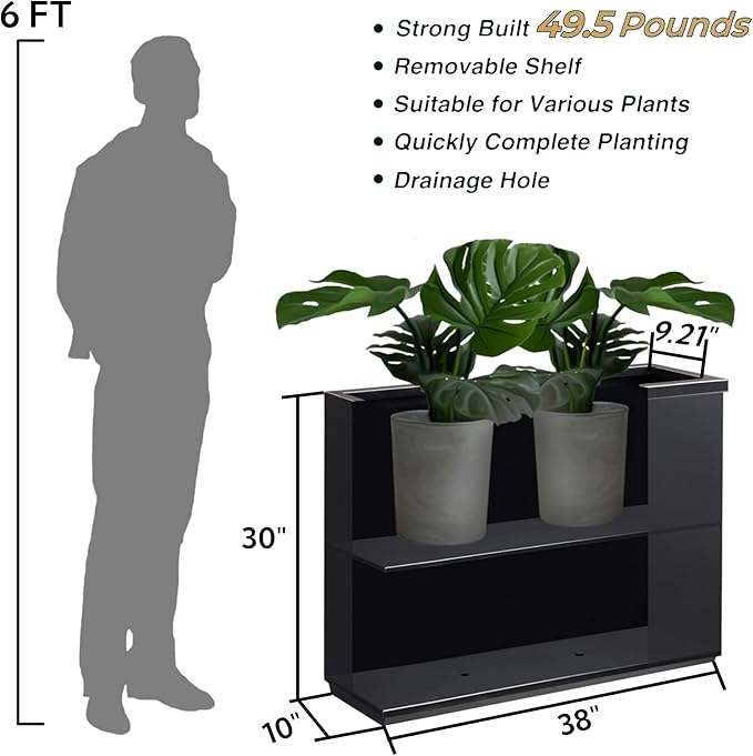 Wallowa Metallic Heavy Planter with Two Led Light Strips, 38Lx10Wx30H Inches Tall and Long Metal Divider Planter Box with Hand Brushed Gold Edge for Outside & Indoor, No Assembly (Black)