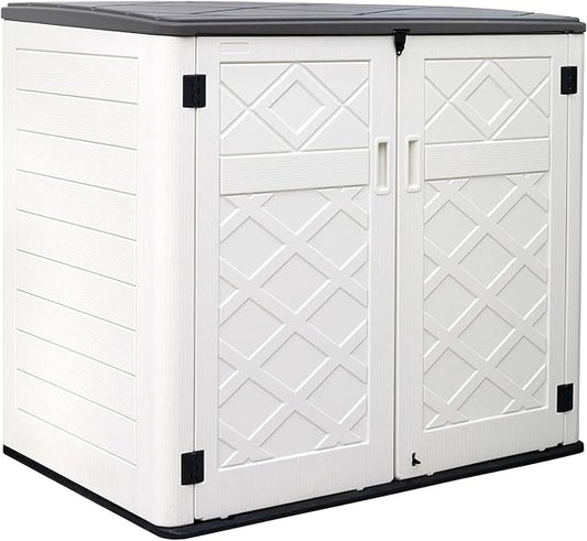 ZZM Large Outdoor Storage Shed, 48 Cu Ft Resin Versatile Storage Cabinet for Patio Accessories, Trash Cans & Garden Tools, Durable Horizontal Storage Box with Lockable Lid (White) by ZZM