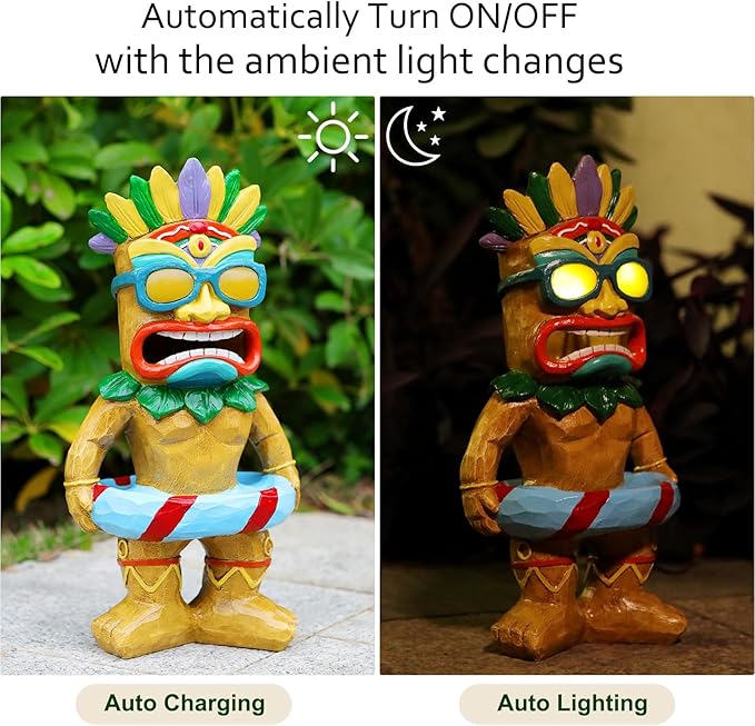 Tiki Staue, Outdoor statue with Solar Eyes, Tikis Bar Decor with Solar Light, Tikis Pool Decor, Garden Statues with Swim Ring, Tiki Porch Patio Decorations, Tiki Figurine Gift for Mom Women Friends