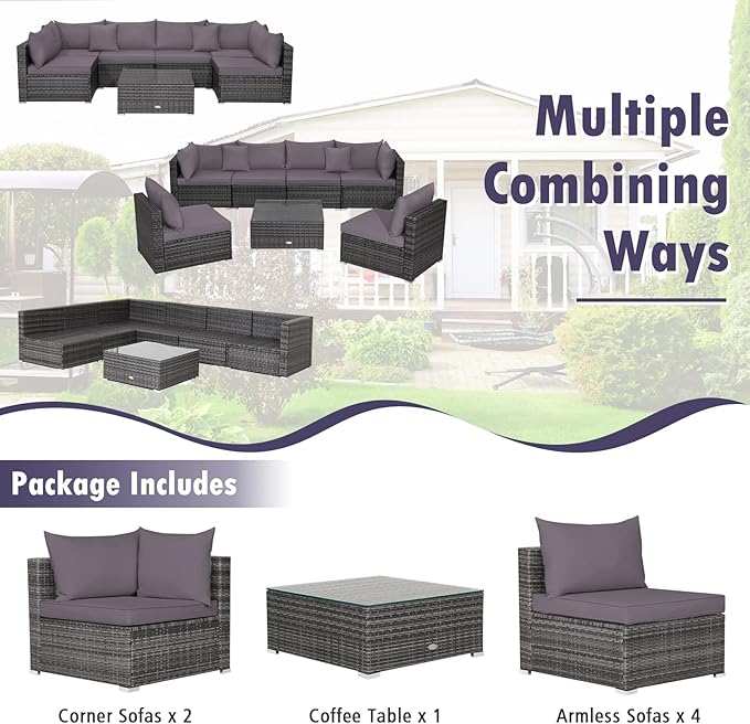 Tangkula 7 Piece Patio Wicker Furniture Set, Outdoor Rattan Sectional Sofa Set for 6 with Seat & Back Cushions, 2 Throw Pillows, Sofa Fastener Clips, for Backyard, Poolside, Deck and Garden (Gray)