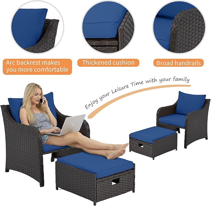 HOMREST 5 Piece Balcony Furniture, All Weather PE Wicker Rattan Patio Furniture Set, Cushioned Patio Chairs Set of 2 w/Ottoman&Table, Outdoor Lounge Chair for Lawn Pool Balcony, Navy Blue