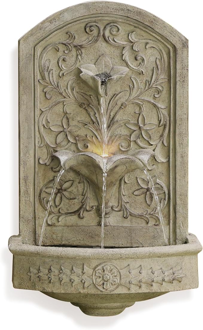 Vintage Wall-Mounted Outdoor Fountain, 28.3" H Resin Garden Water Feature with Floral Carving, Decorative Antique Wall Waterfall for Patio, Yard, Porch & Home Décor