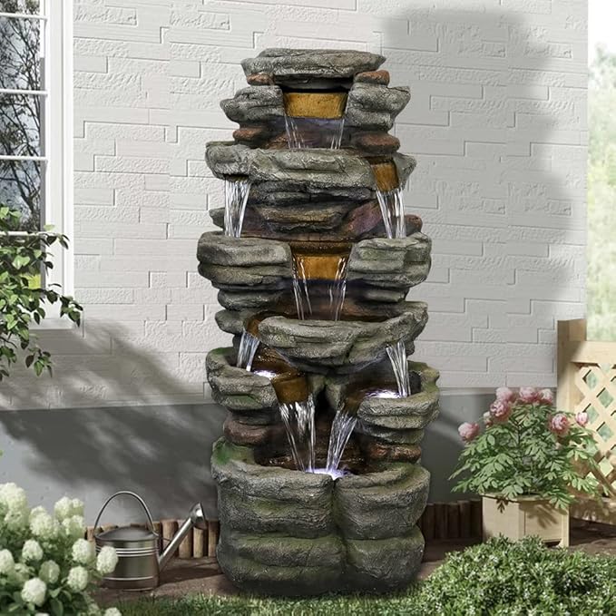 Naturefalls 47.2inches Outdoor Rockery Water Fountain with Led Lights - Poly-Resin Rock Cascading Water Fountains - Relaxation Water Features for Patio, Yard, Deck, Garden Decor
